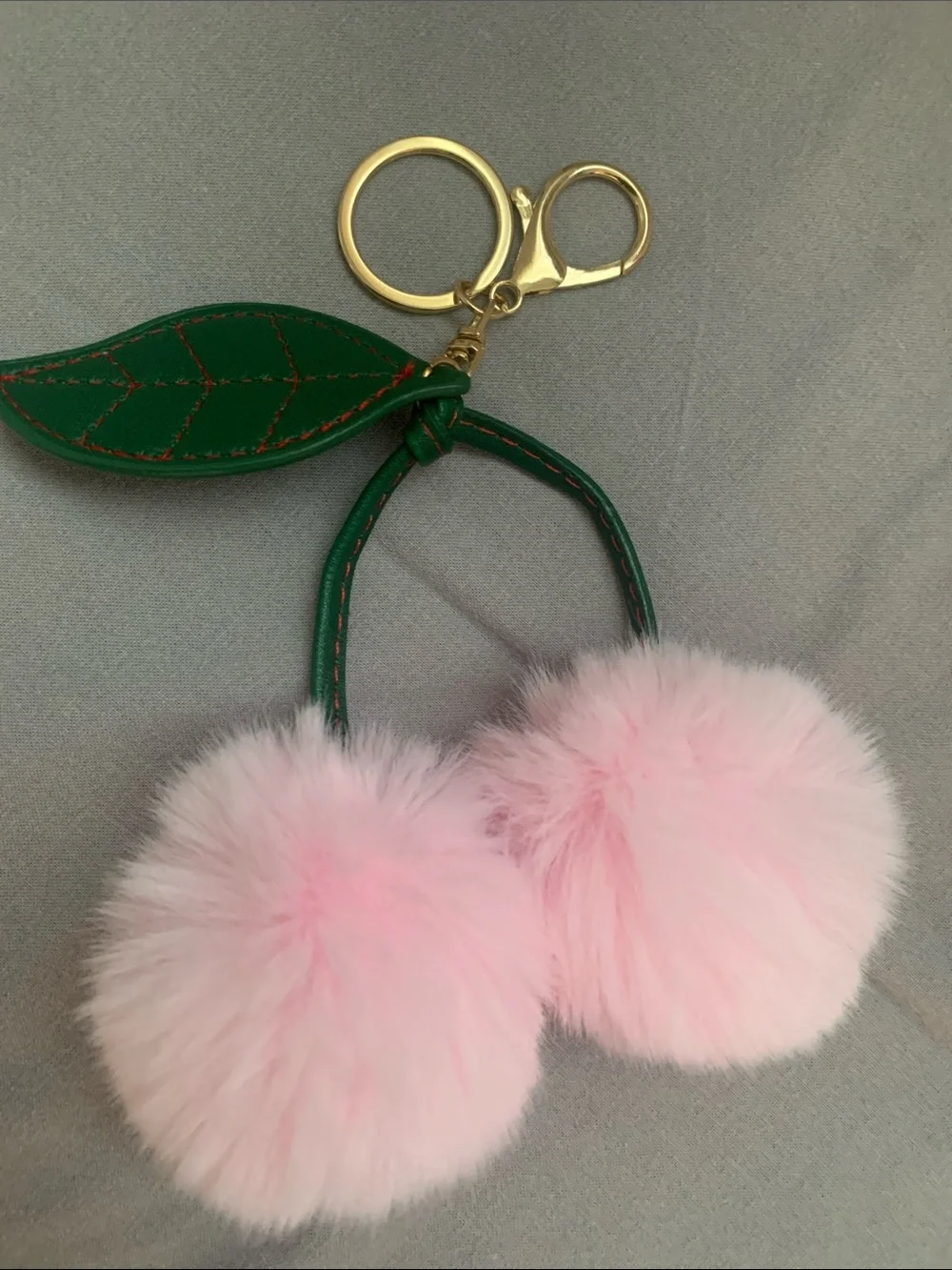 🆕- Pink Pom Pom Cherry Bag Charm Or Keychain with Green Leaf Accent